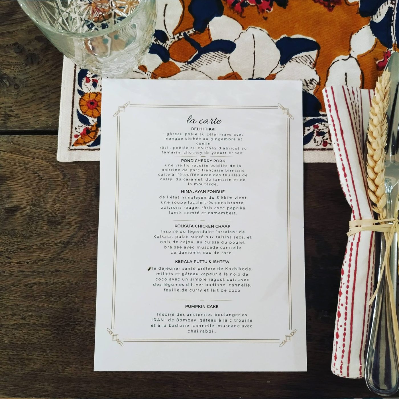 Jamini Paris, Opening dinner menu, Paris