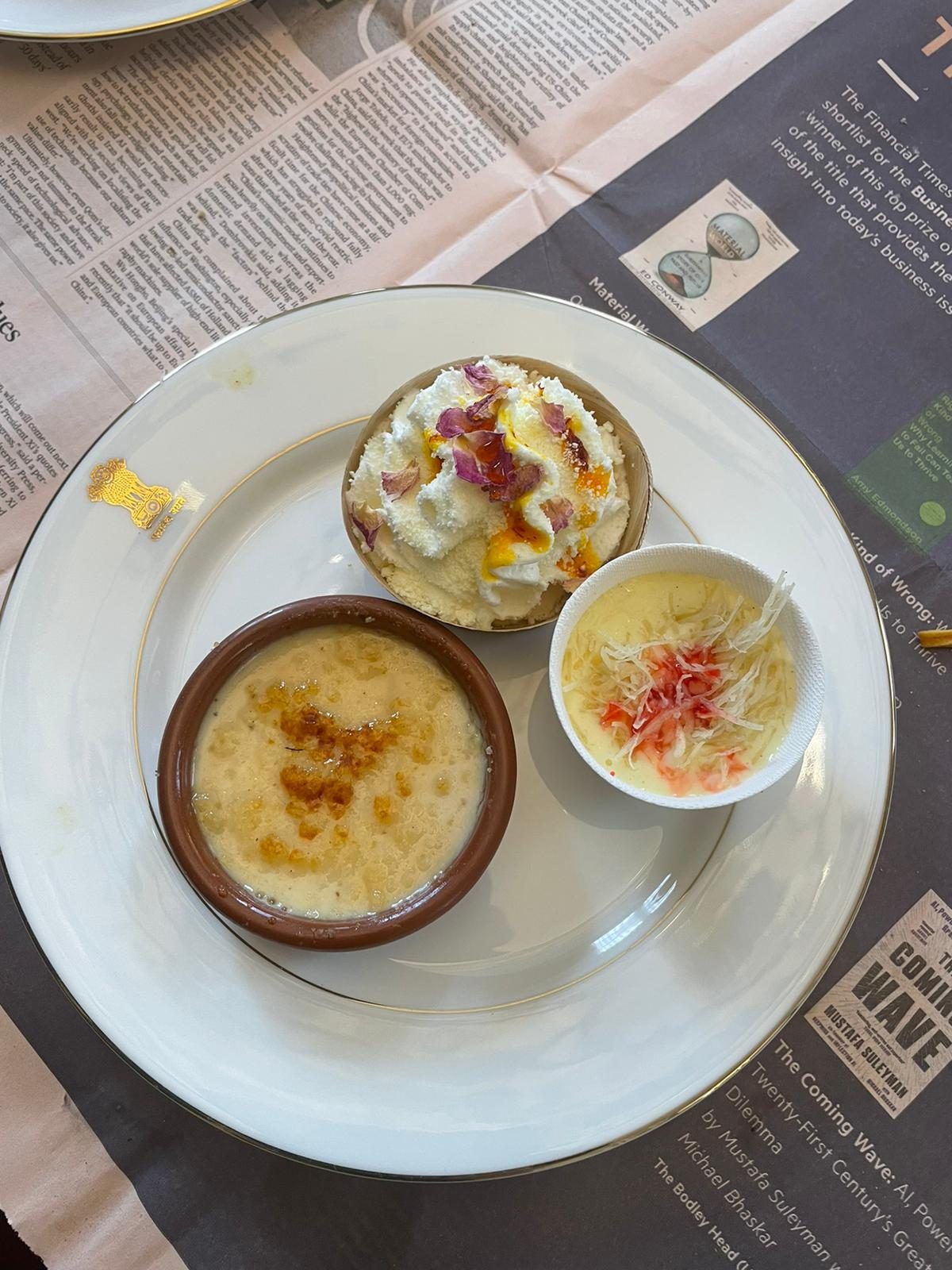 Multi-regional desserts, Banaras malaiyoo mousse, mishti doi brulee, sheer khurma